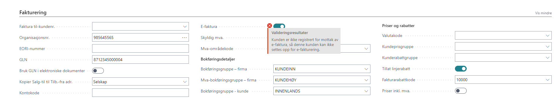Et skjermbilde som viser feilen som oppstår når en kunde ikke er registrert i PEPPOL